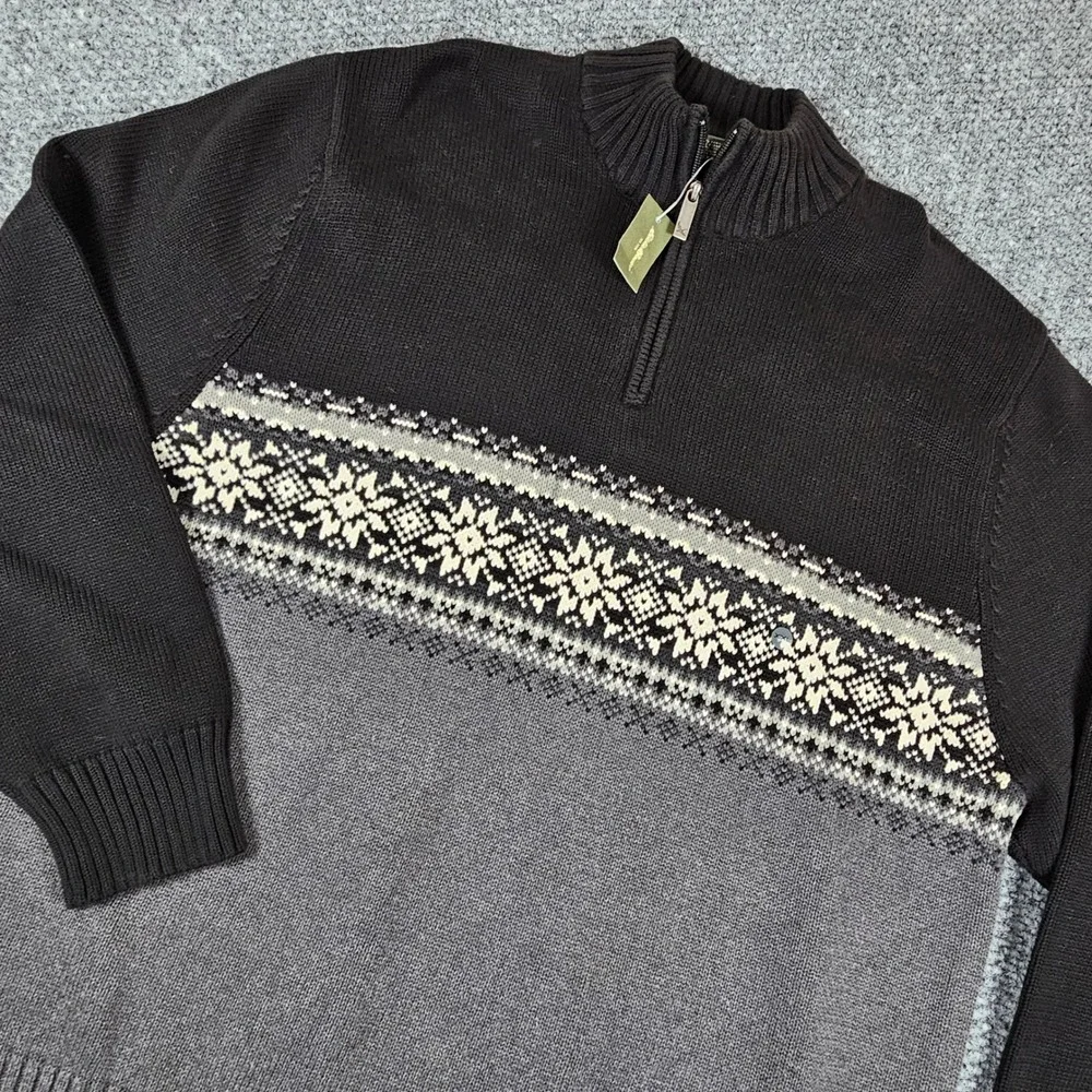 Vtg Eddie Bauer Mens Fairisle Half Zip Sweater Black Grey‎ Snowflake XXL Cotton